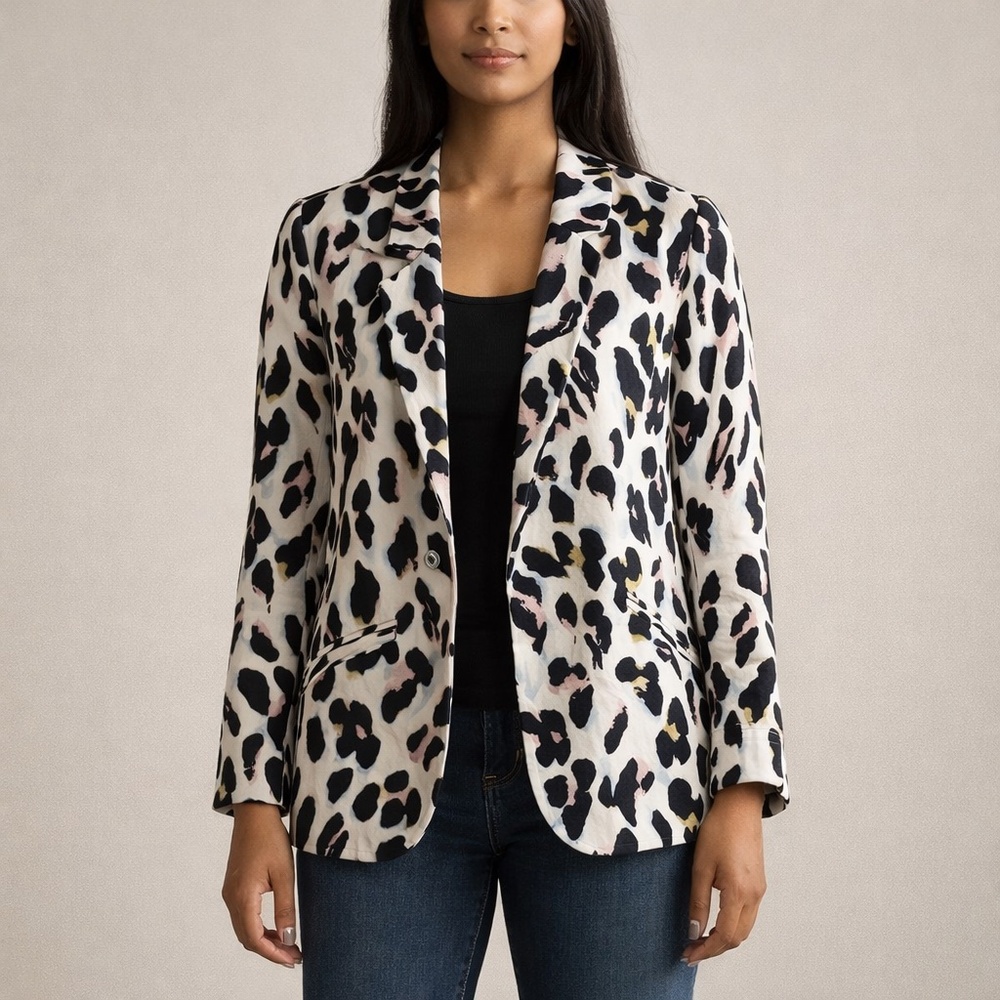 Rino & Pelle Leopard Animal Print Open Front Blazer Office Business Casual